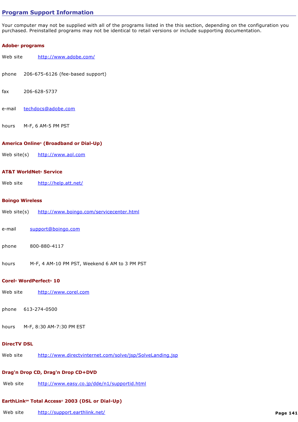 Program support information | Sony PCG-GRZ600 User Manual | Page 141 / 164