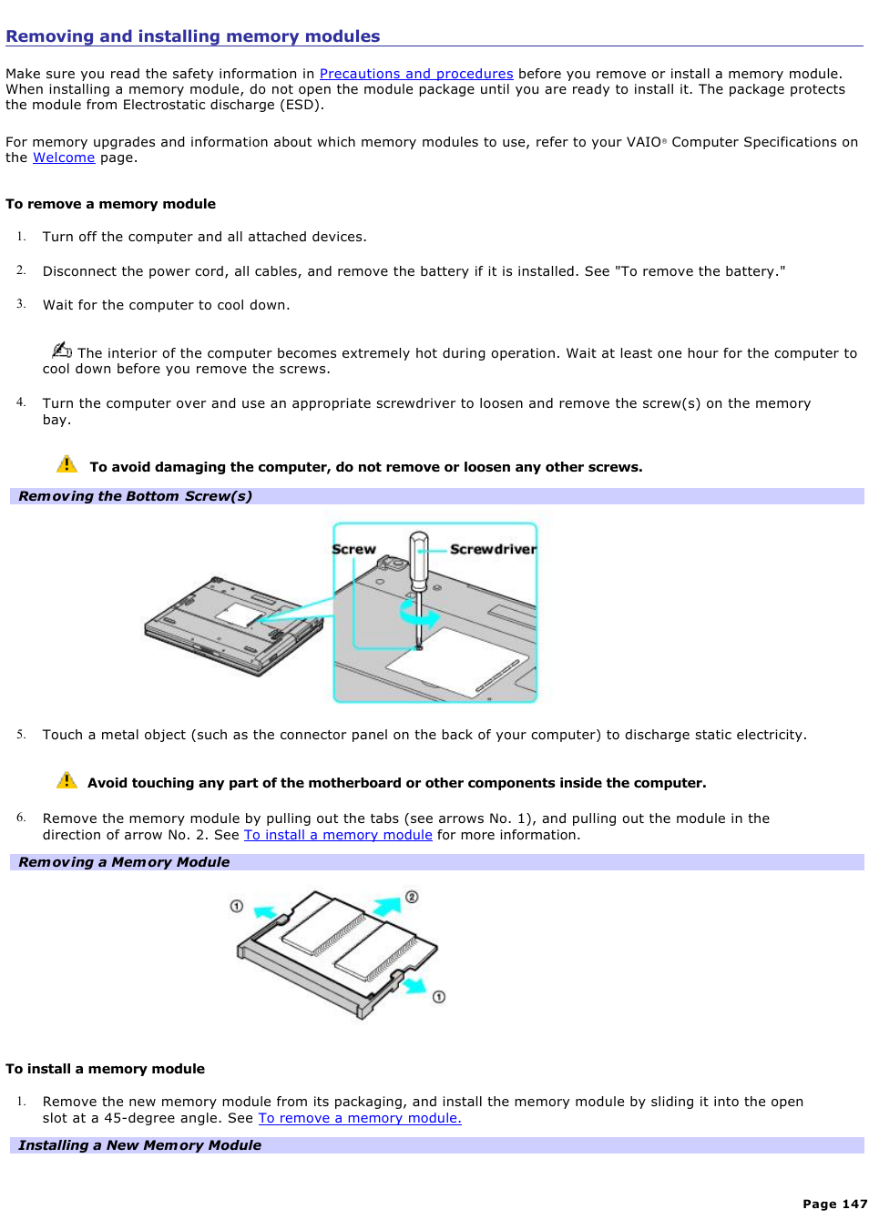 Removing and installing memory modules | Sony PCG-GRZ600 User Manual | Page 147 / 164