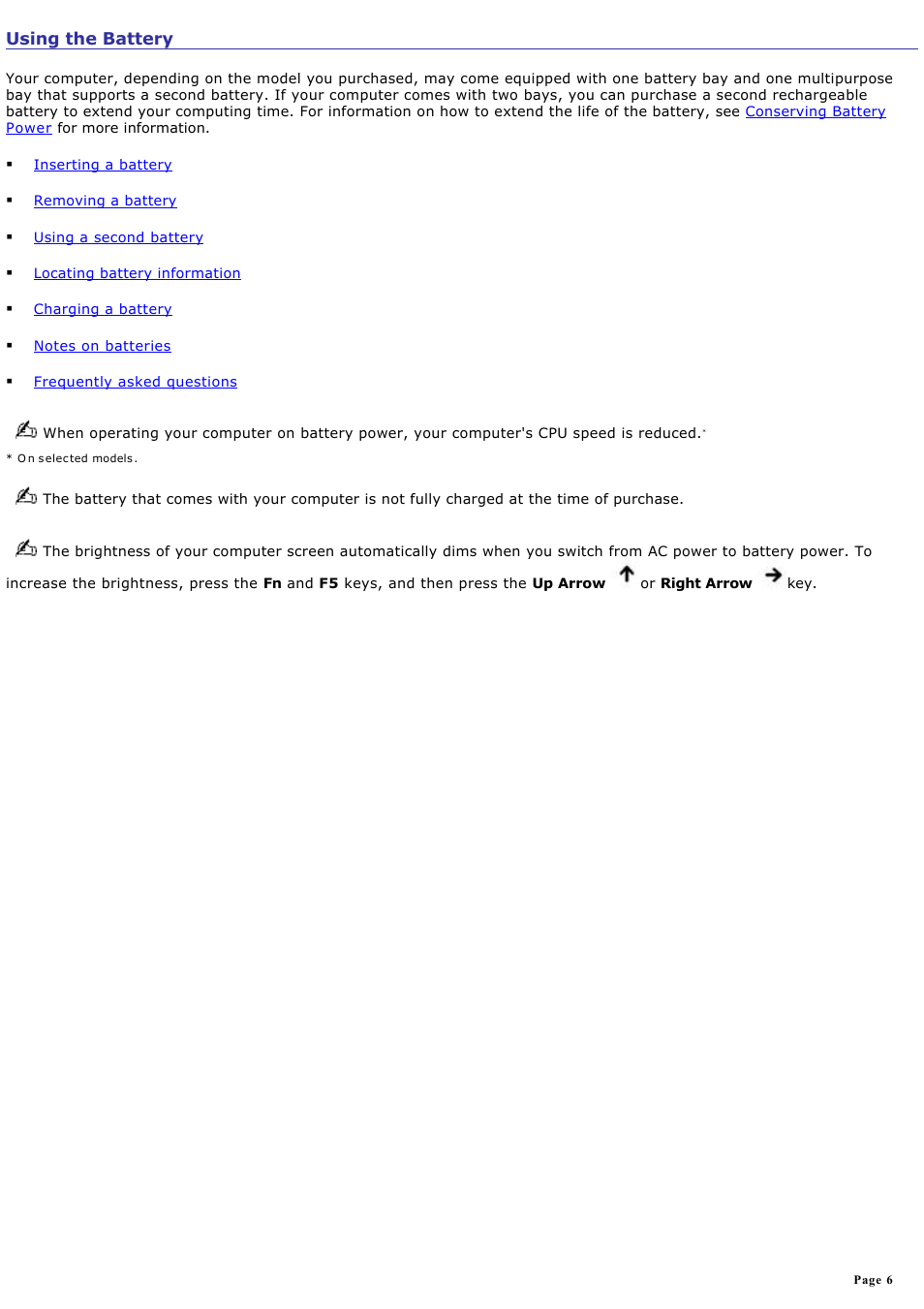 Using the battery | Sony PCG-GRZ600 User Manual | Page 6 / 164
