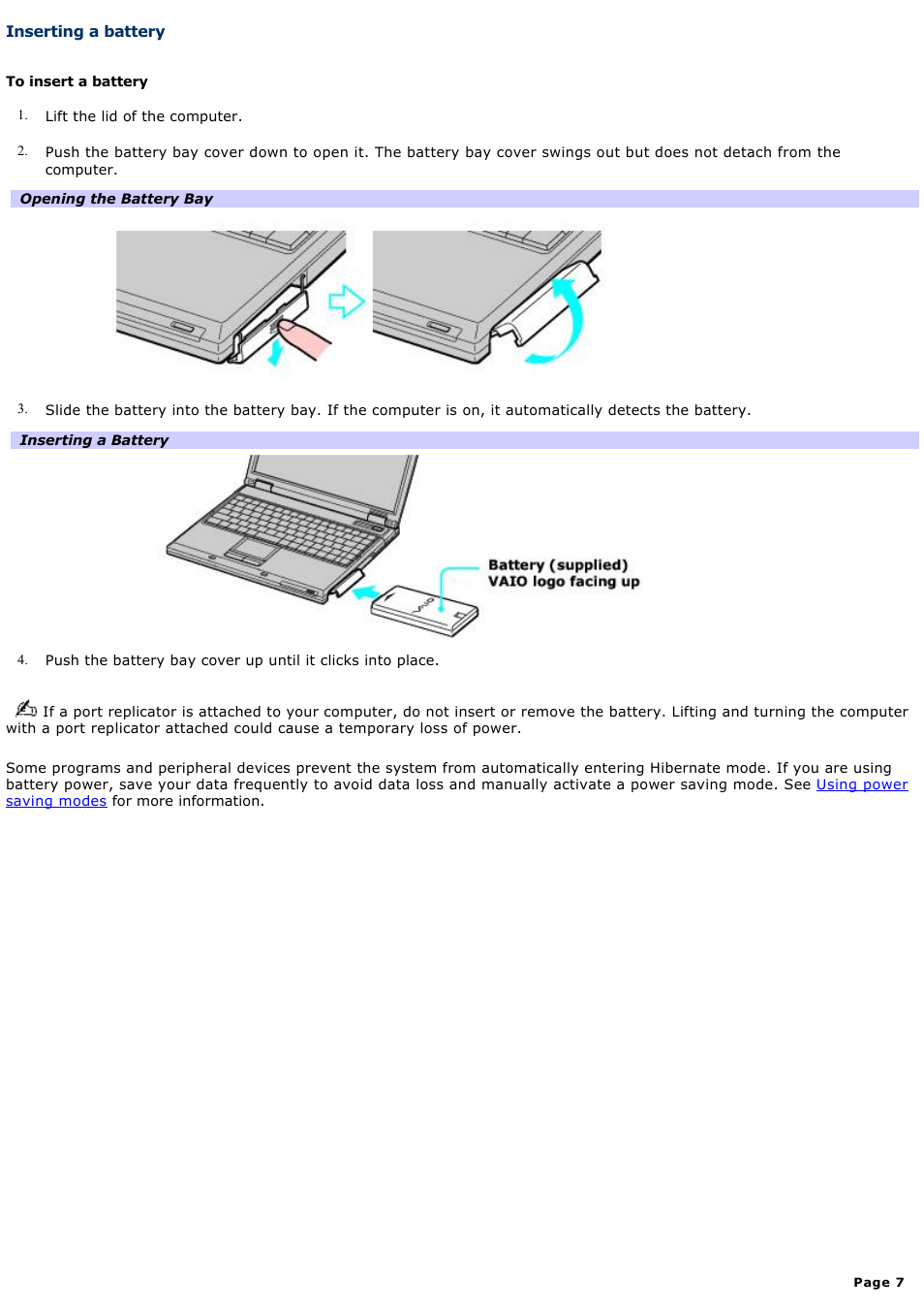 Inserting a battery | Sony PCG-GRZ600 User Manual | Page 7 / 164