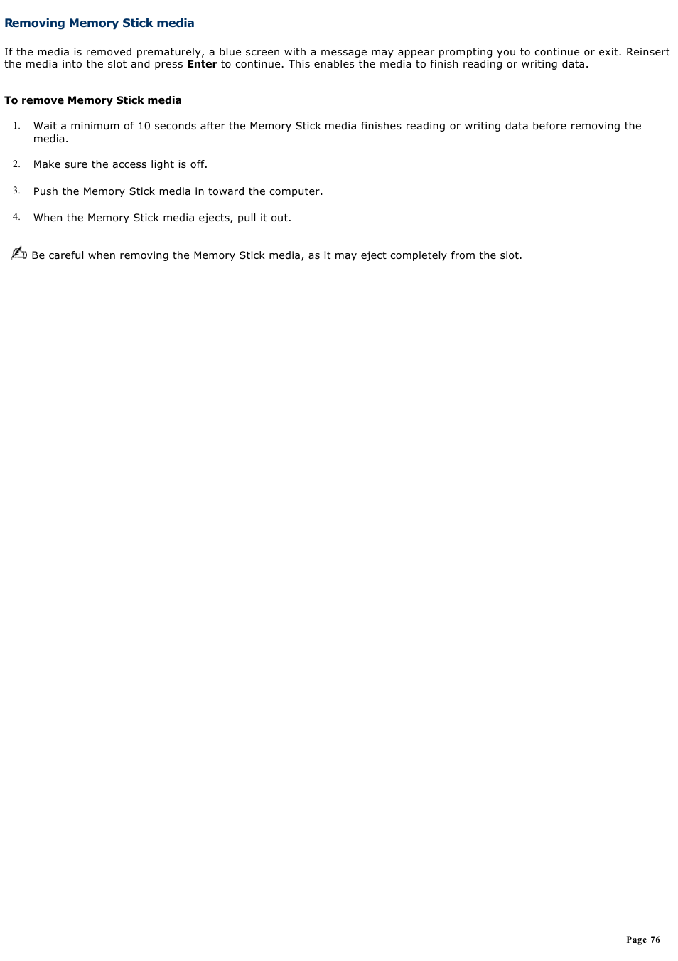 Removing memory stick media | Sony PCG-GRZ600 User Manual | Page 76 / 164