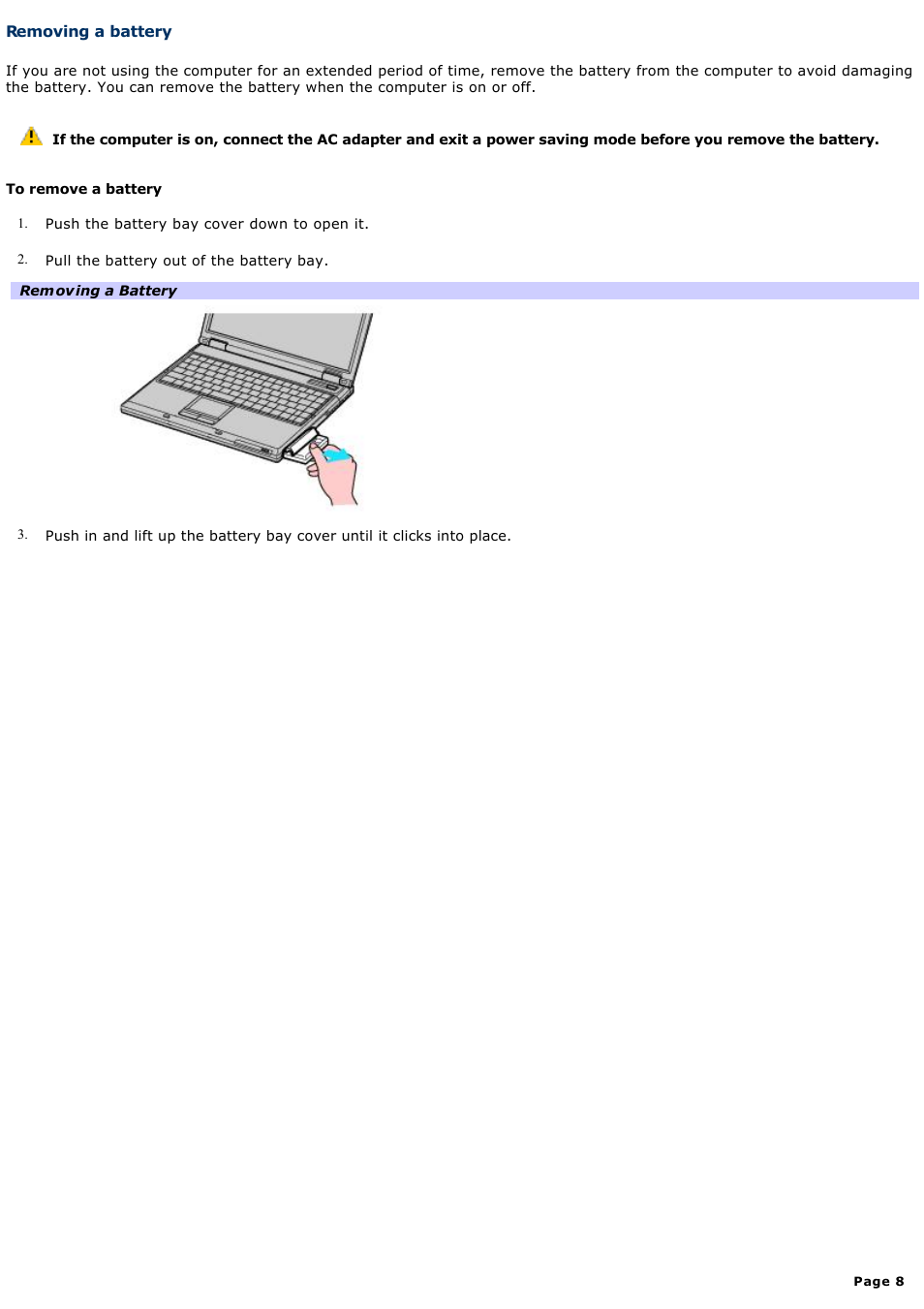 Removing a battery | Sony PCG-GRZ600 User Manual | Page 8 / 164