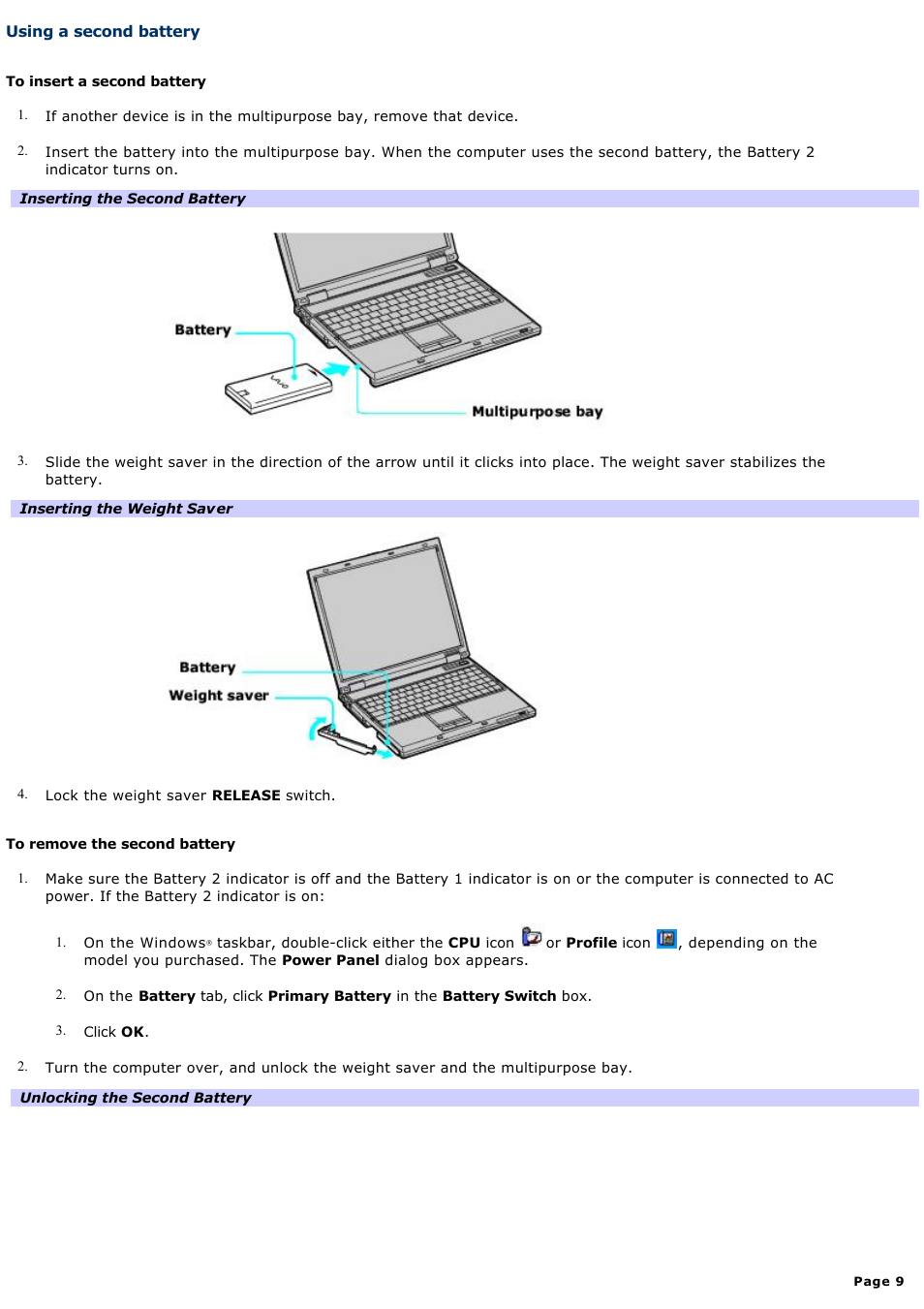 Using a second battery | Sony PCG-GRZ600 User Manual | Page 9 / 164