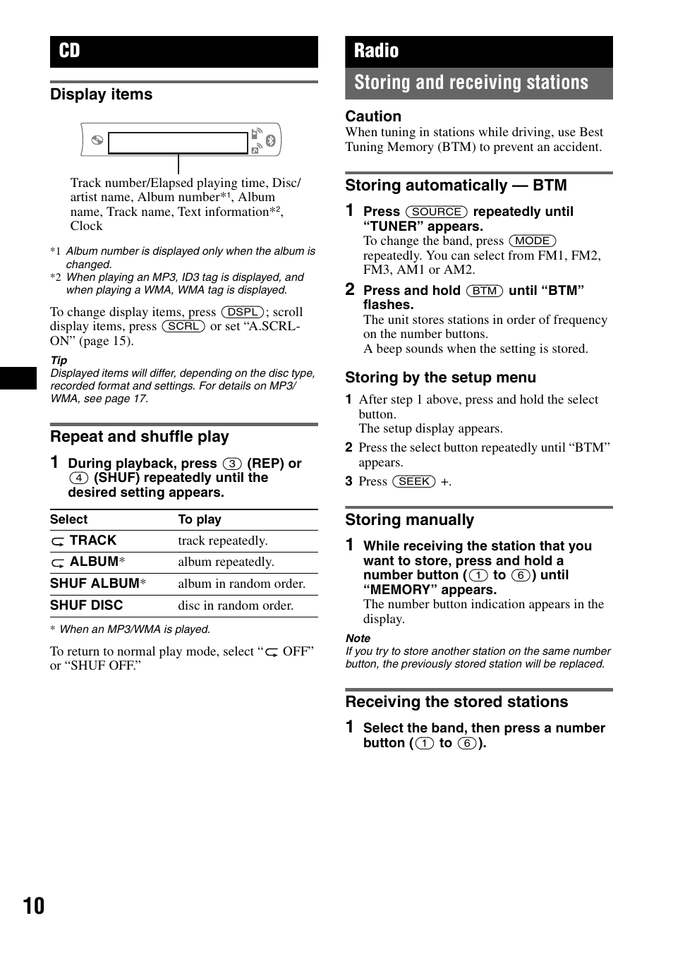 Display items, Repeat and shuffle play, Radio | Storing and receiving stations, Storing automatically - btm, Storing manually, Receiving the stored stations, Display items repeat and shuffle play, Ep 10, Radio storing and receiving stations | Sony MEX-BT2500 User Manual | Page 10 / 68