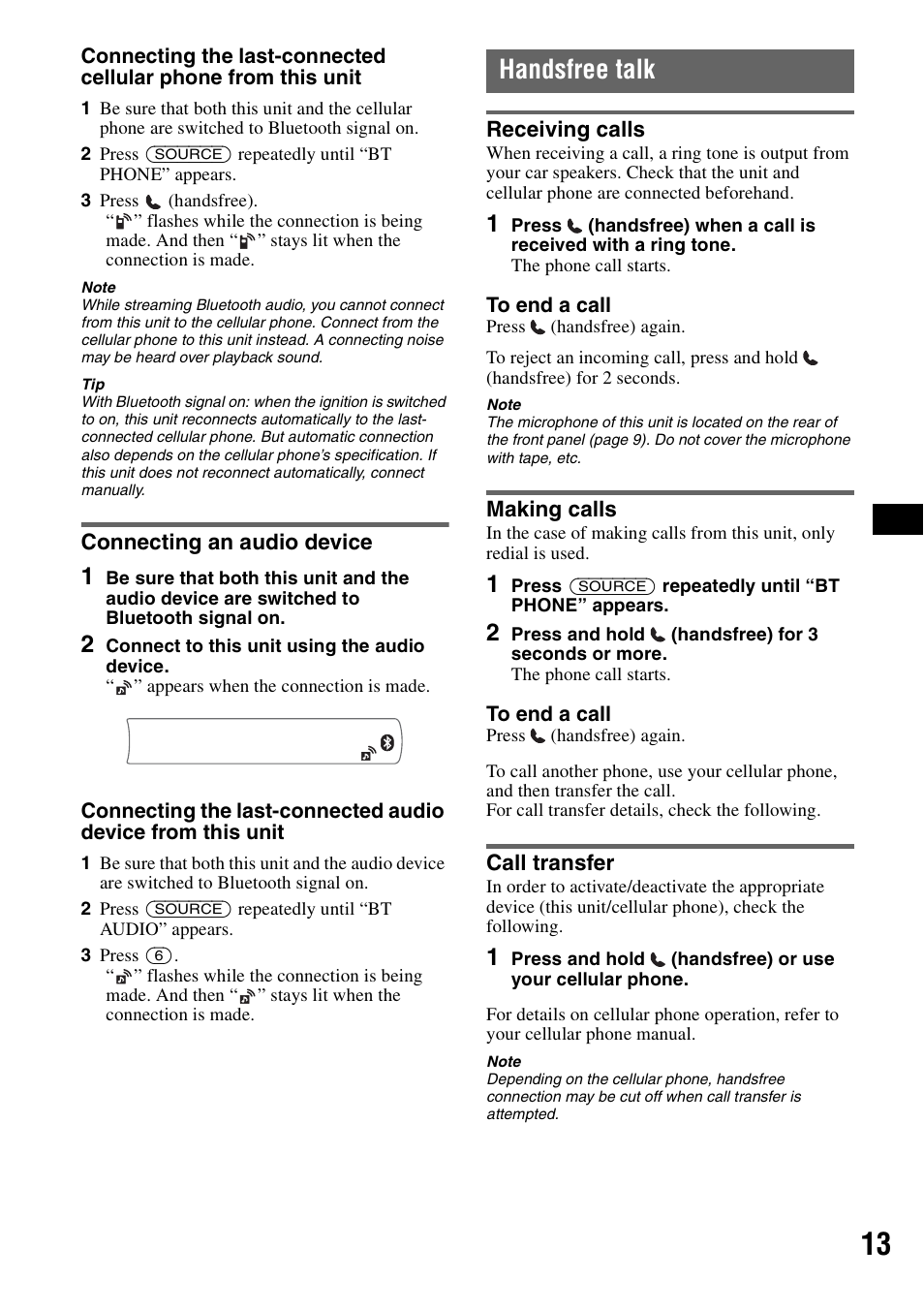 Connecting an audio device, Handsfree talk, Receiving calls | Making calls, Call transfer, Receiving calls making calls call transfer, Ne 13 | Sony MEX-BT2500 User Manual | Page 13 / 68