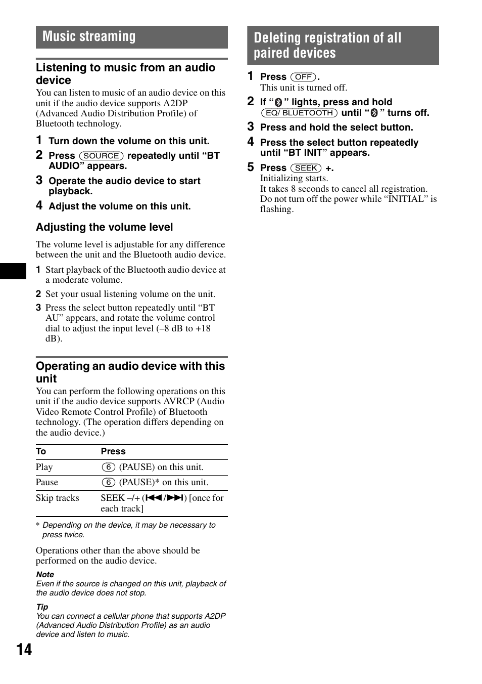 Music streaming, Listening to music from an audio device, Operating an audio device with this unit | Deleting registration of all paired devices | Sony MEX-BT2500 User Manual | Page 14 / 68