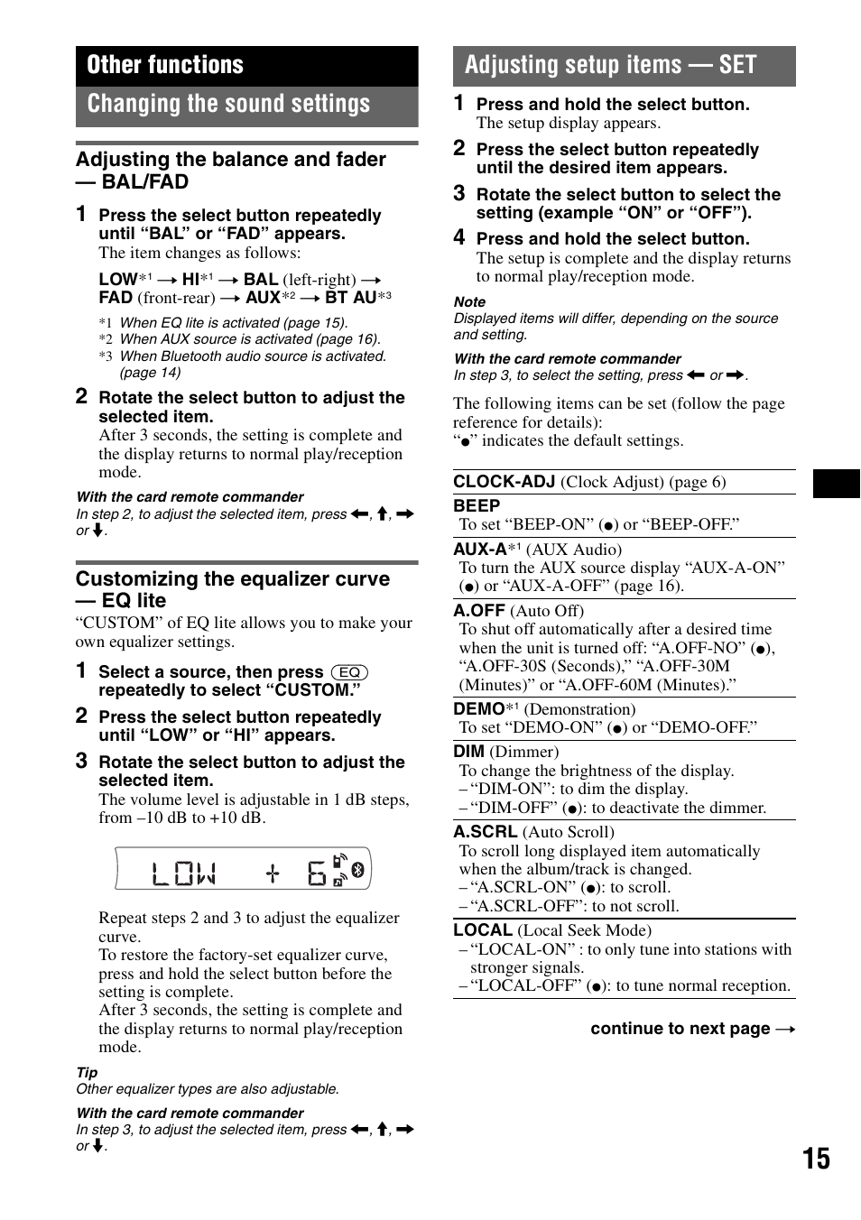Other functions, Changing the sound settings, Adjusting the balance and fader - bal/fad | Customizing the equalizer curve - eq lite, Adjusting setup items - set, Adjusting setup items — set, Other functions changing the sound settings, Adjusting the balance and fader — bal/fad, Customizing the equalizer curve — eq lite | Sony MEX-BT2500 User Manual | Page 15 / 68