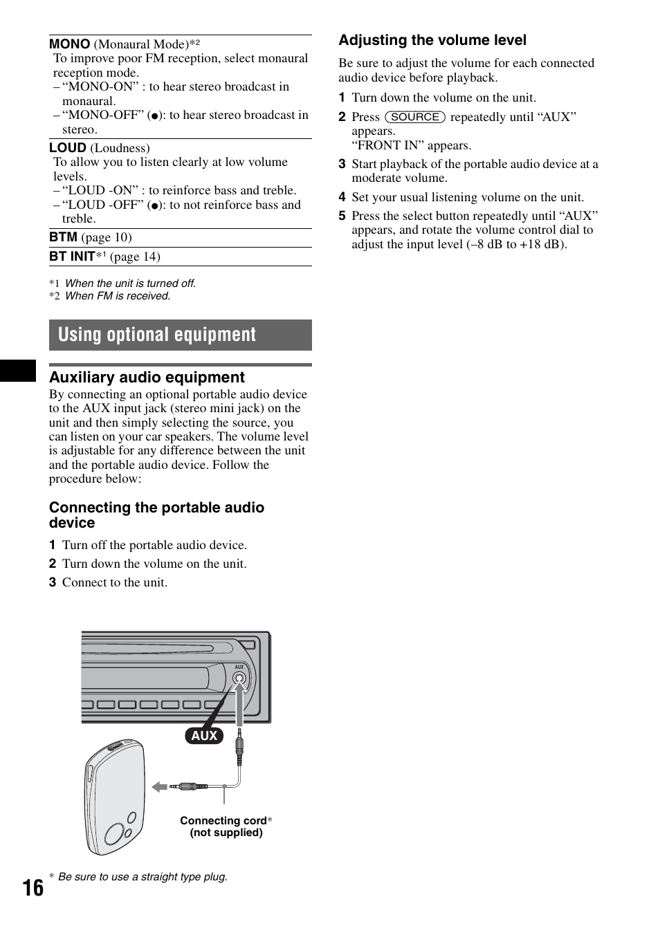 Using optional equipment, Auxiliary audio equipment | Sony MEX-BT2500 User Manual | Page 16 / 68