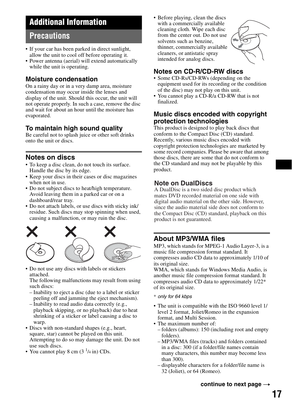 Additional information, Precautions, Notes on discs | About mp3/wma files, Notes on discs about mp3/wma files, Additional information precautions | Sony MEX-BT2500 User Manual | Page 17 / 68