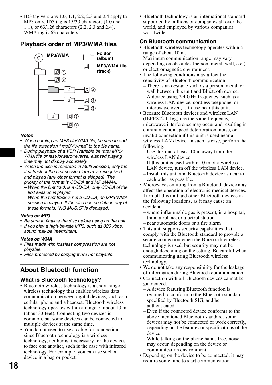 About bluetooth function, Playback order of mp3/wma files | Sony MEX-BT2500 User Manual | Page 18 / 68