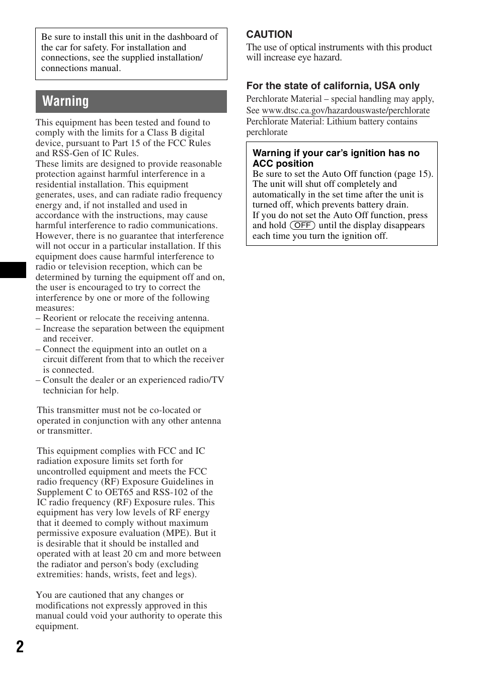 Warning | Sony MEX-BT2500 User Manual | Page 2 / 68