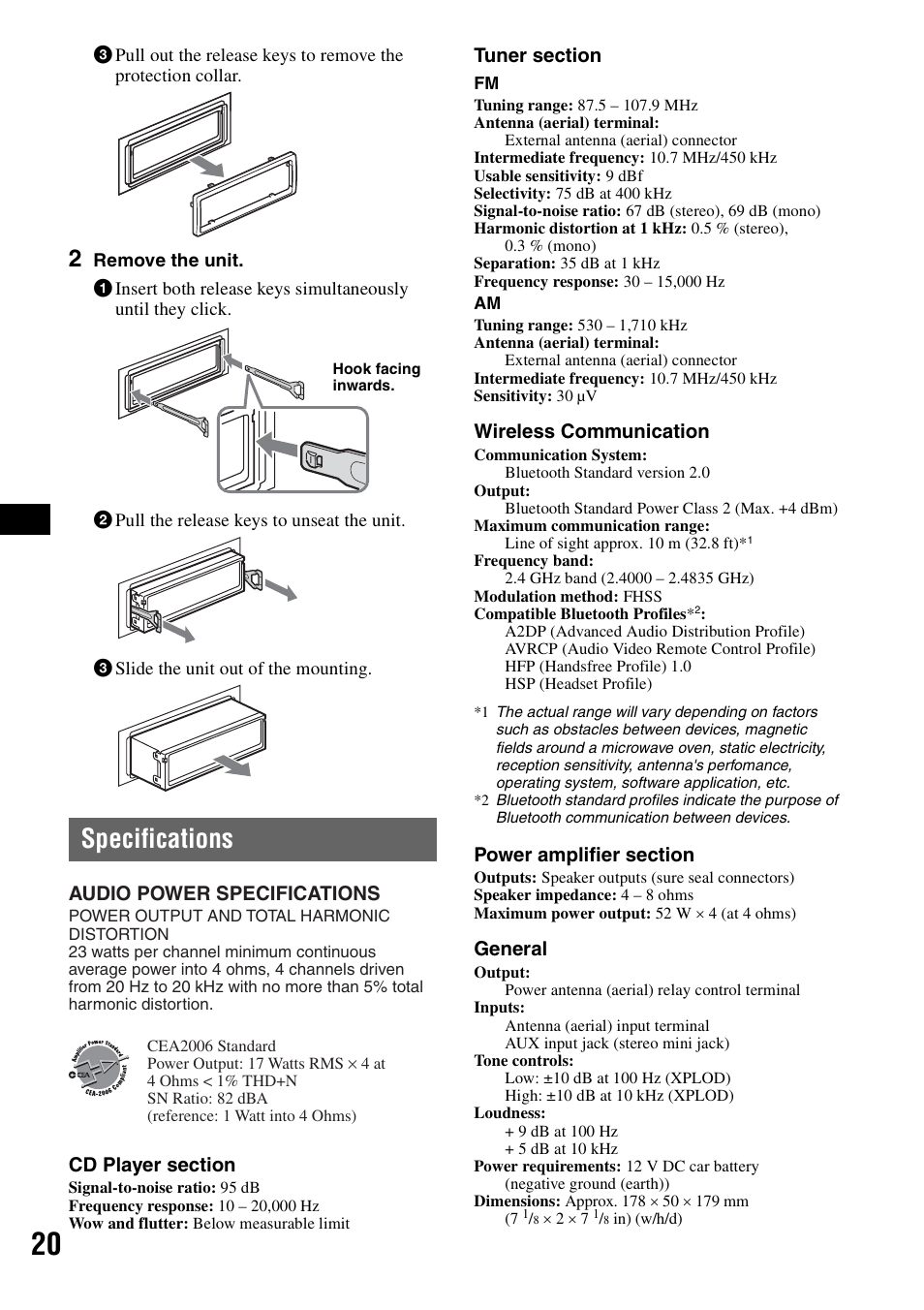 Specifications | Sony MEX-BT2500 User Manual | Page 20 / 68