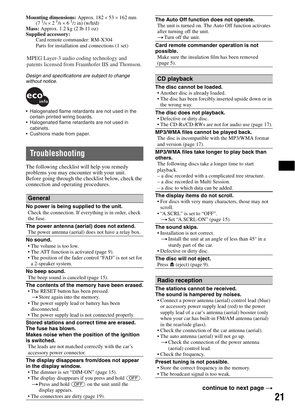 Troubleshooting | Sony MEX-BT2500 User Manual | Page 21 / 68