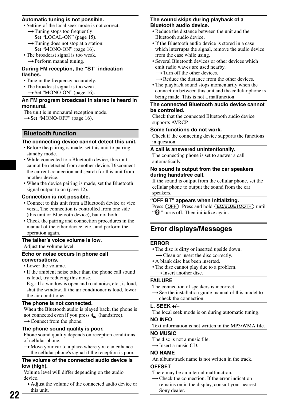 Error displays/messages | Sony MEX-BT2500 User Manual | Page 22 / 68