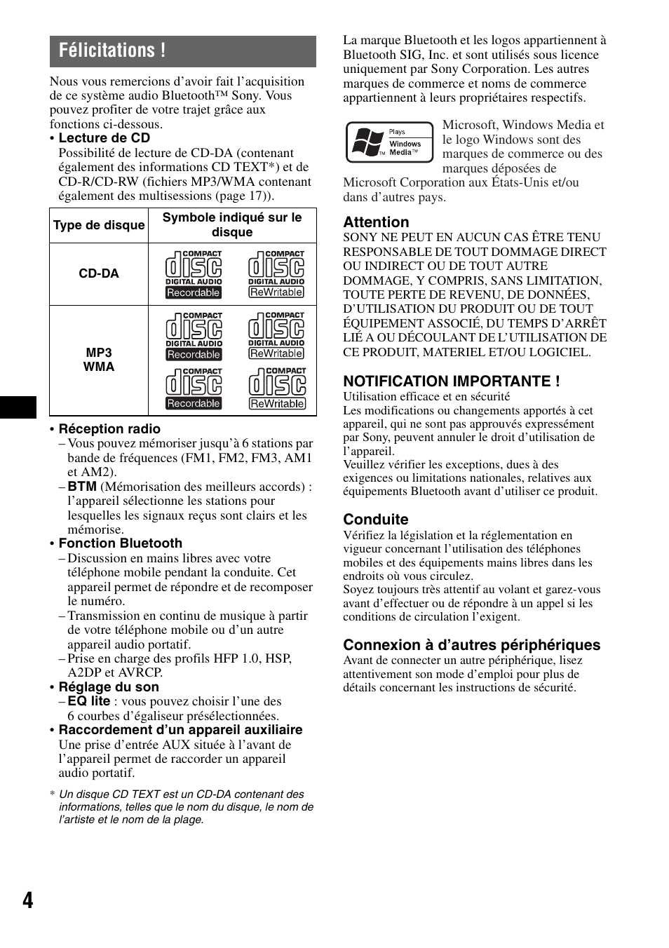 Félicitations | Sony MEX-BT2500 User Manual | Page 26 / 68