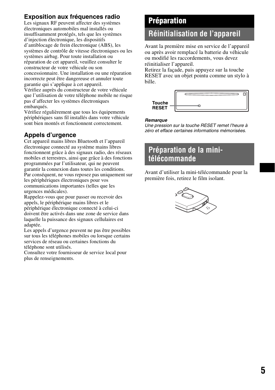 Préparation, Réinitialisation de l’appareil, Préparation de la mini- télécommande | Préparation réinitialisation de l’appareil | Sony MEX-BT2500 User Manual | Page 27 / 68