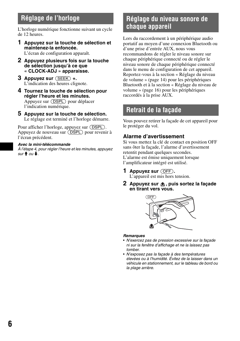 Réglage de l’horloge, Réglage du niveau sonore de chaque appareil, Retrait de la façade | Sony MEX-BT2500 User Manual | Page 28 / 68