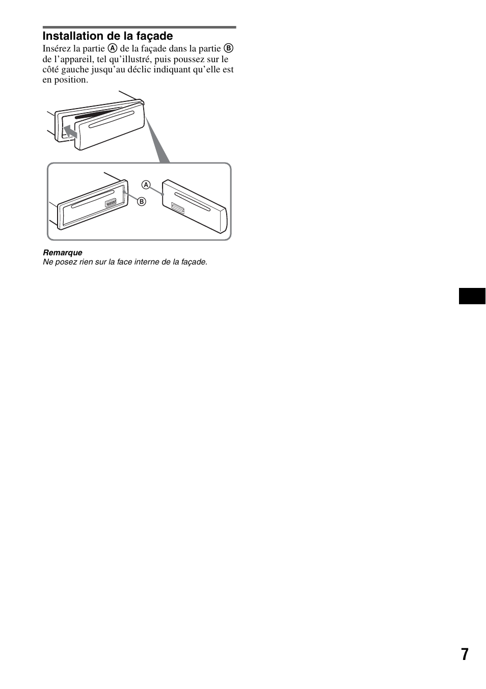 Installation de la façade | Sony MEX-BT2500 User Manual | Page 29 / 68