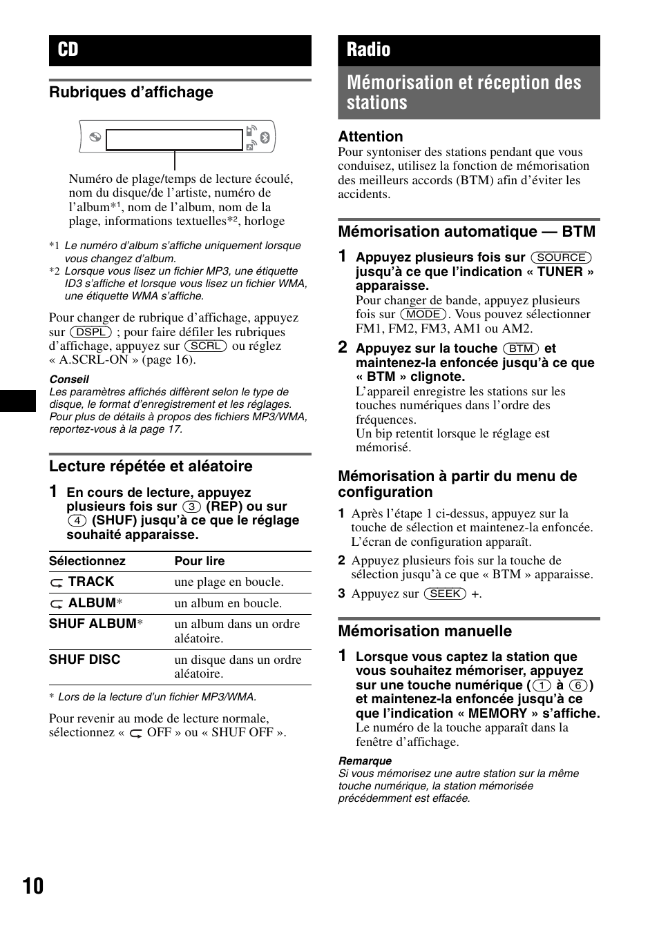 Rubriques d’affichage, Lecture répétée et aléatoire, Radio | Mémorisation et réception des stations, Mémorisation automatique - btm, Mémorisation manuelle, Rubriques d’affichage lecture répétée et aléatoire, Radio mémorisation et réception des stations | Sony MEX-BT2500 User Manual | Page 32 / 68