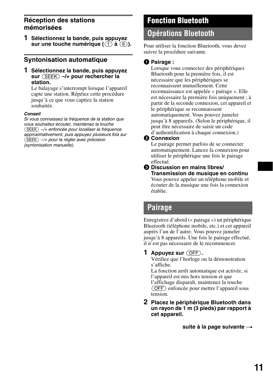 Réception des stations mémorisées, Syntonisation automatique, Fonction bluetooth | Opérations bluetooth, Pairage, Opérations bluetooth pairage, Fonction bluetooth opérations bluetooth | Sony MEX-BT2500 User Manual | Page 33 / 68