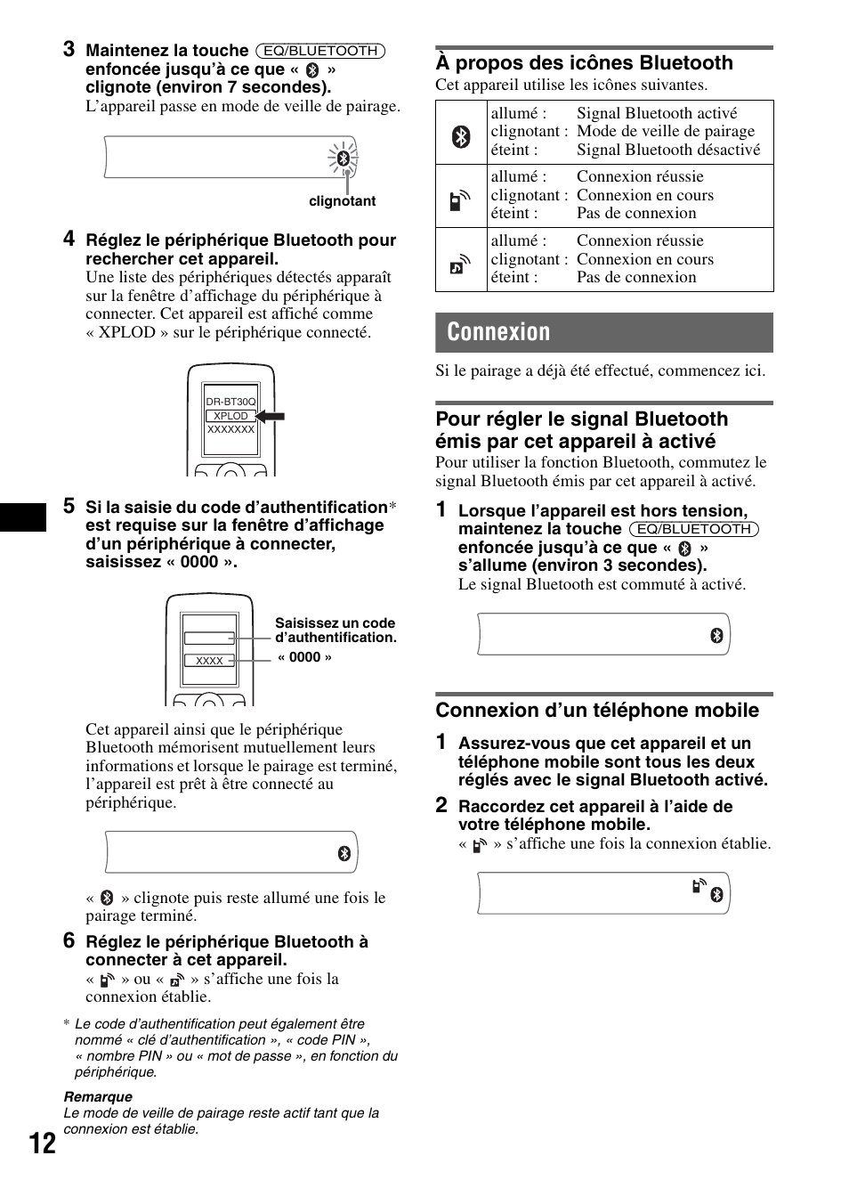 À propos des icônes bluetooth, Connexion, Connexion d’un téléphone mobile | Sony MEX-BT2500 User Manual | Page 34 / 68