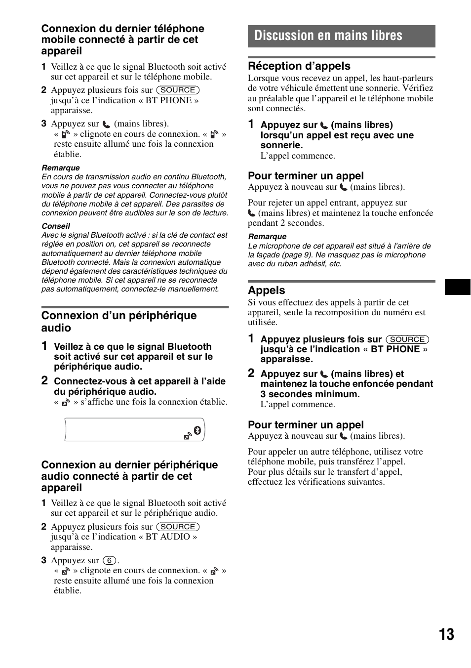 Connexion d’un périphérique audio, Discussion en mains libres, Réception d’appels | Appels, Réception d’appels appels, Ne 13 | Sony MEX-BT2500 User Manual | Page 35 / 68