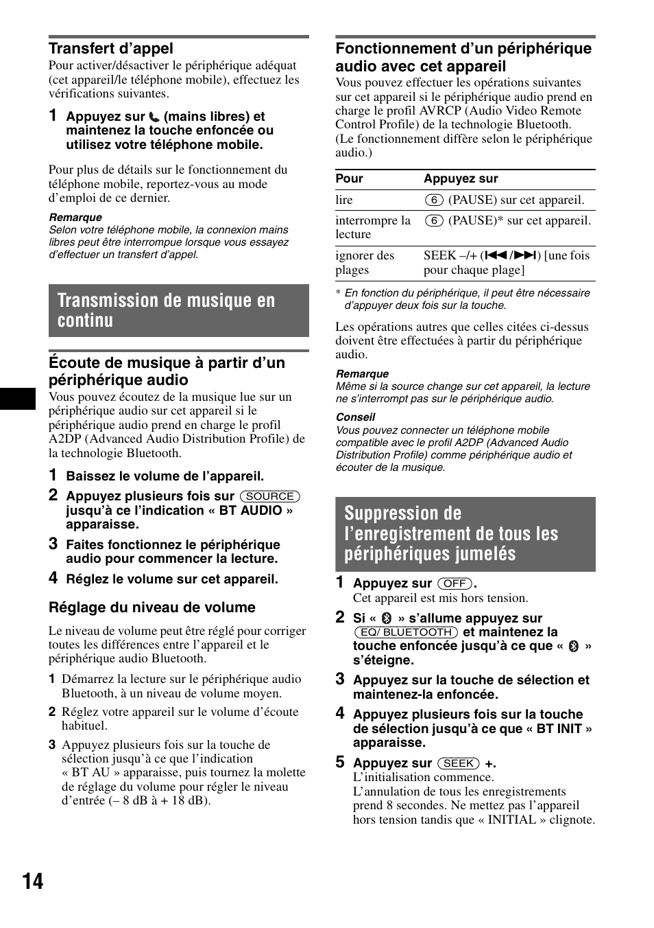 Transfert d’appel, Transmission de musique en continu, Écoute de musique à partir d’un périphérique audio | Sony MEX-BT2500 User Manual | Page 36 / 68