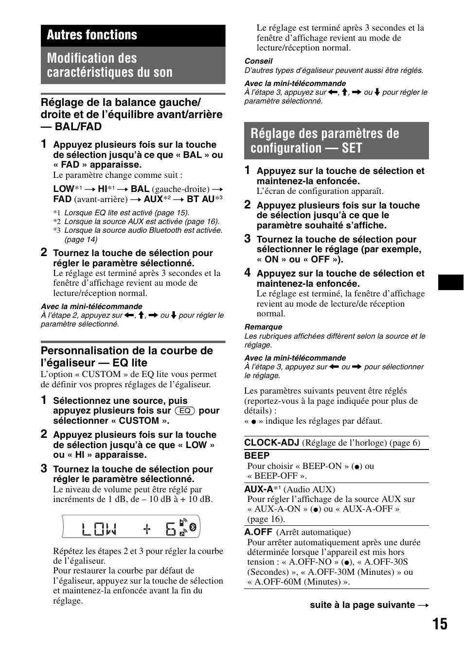 Autres fonctions, Modification des caractéristiques du son, Réglage des paramètres de configuration - set | Réglage des paramètres de configuration — set | Sony MEX-BT2500 User Manual | Page 37 / 68