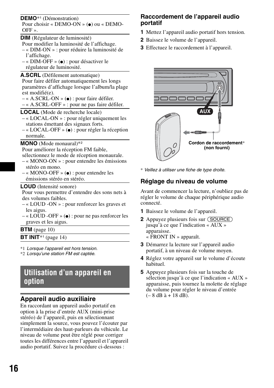 Utilisation d’un appareil en option, Appareil audio auxiliaire | Sony MEX-BT2500 User Manual | Page 38 / 68