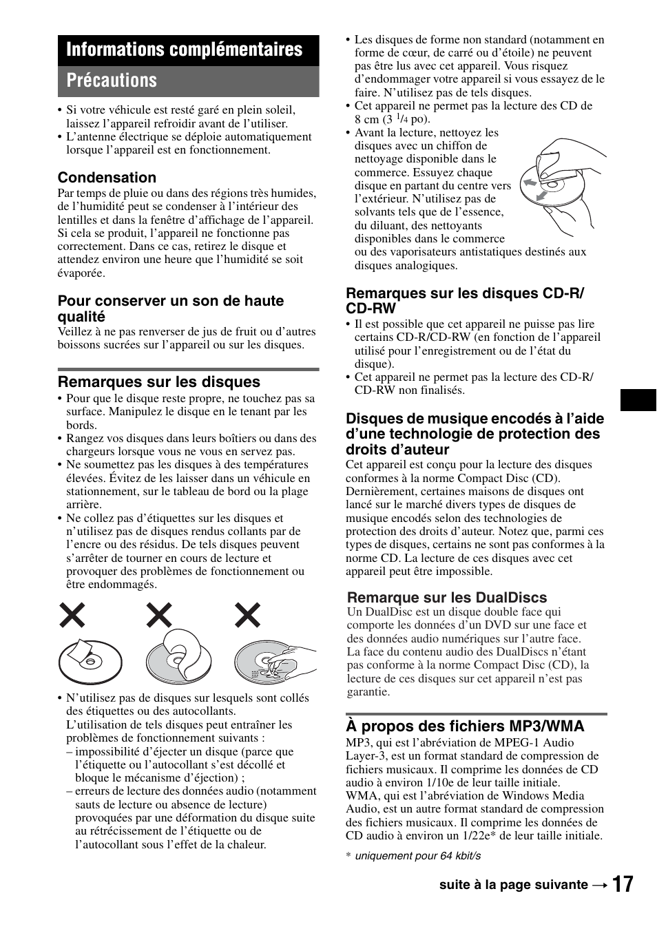 Informations complémentaires, Précautions, Remarques sur les disques | À propos des fichiers mp3/wma, Informations complémentaires précautions | Sony MEX-BT2500 User Manual | Page 39 / 68