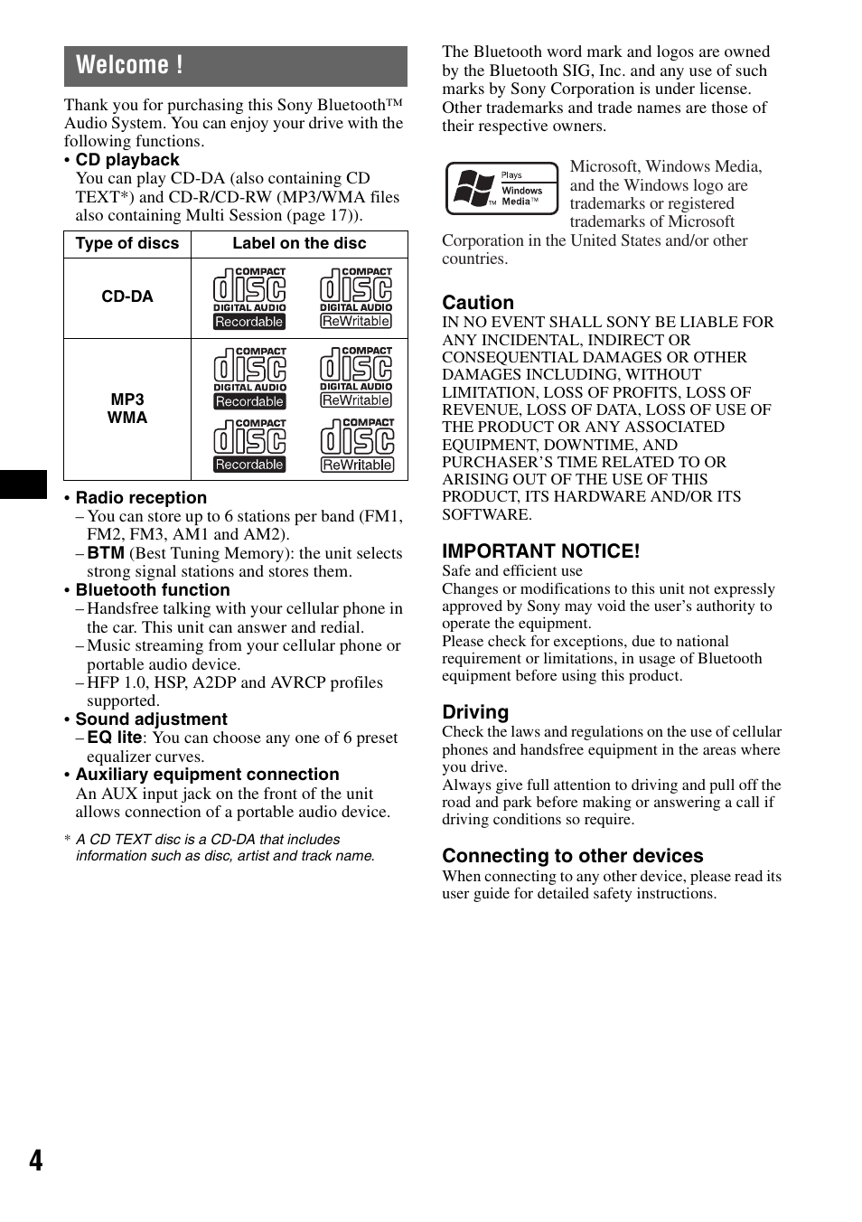 Welcome | Sony MEX-BT2500 User Manual | Page 4 / 68