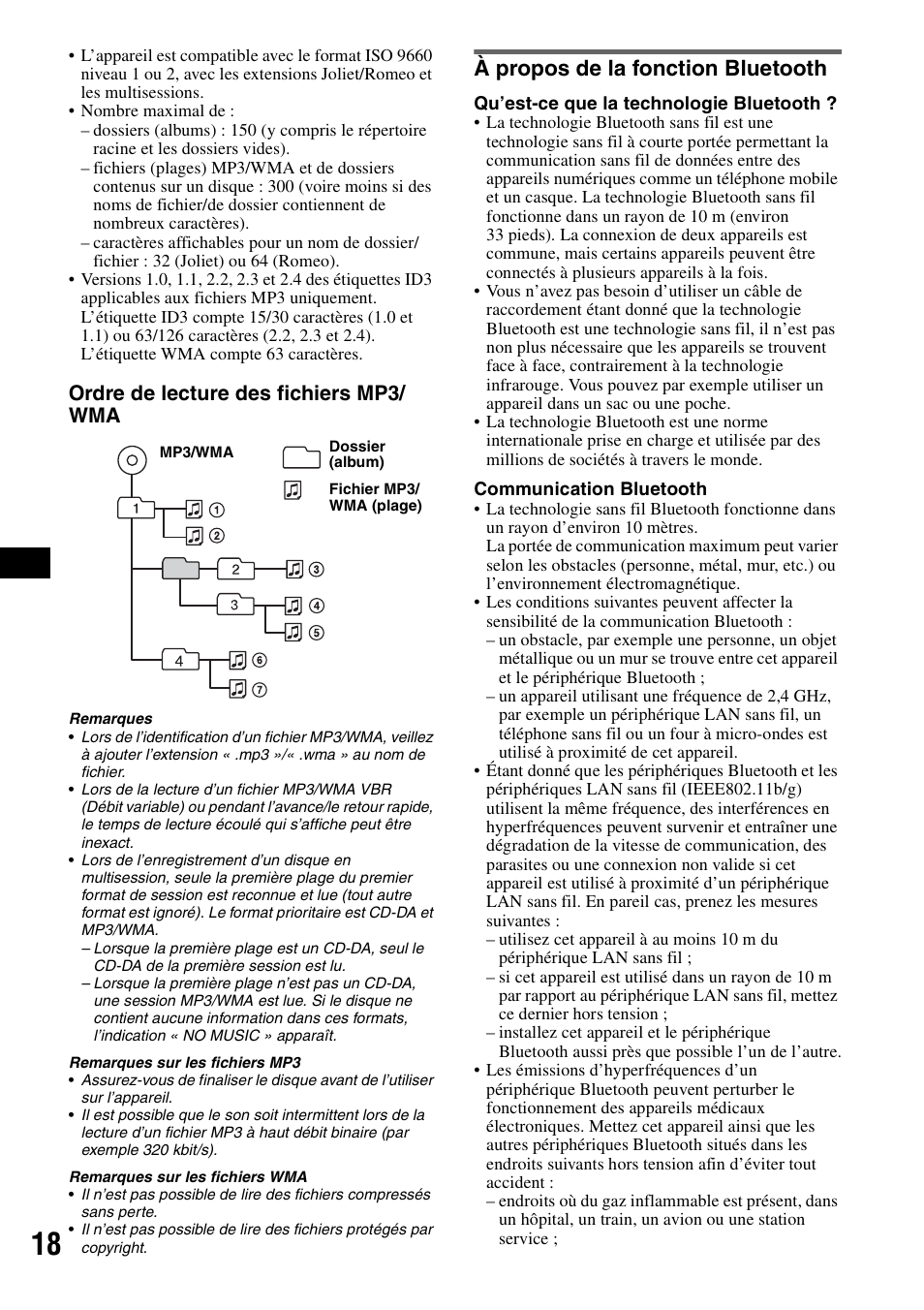 À propos de la fonction bluetooth, Ordre de lecture des fichiers mp3/ wma | Sony MEX-BT2500 User Manual | Page 40 / 68