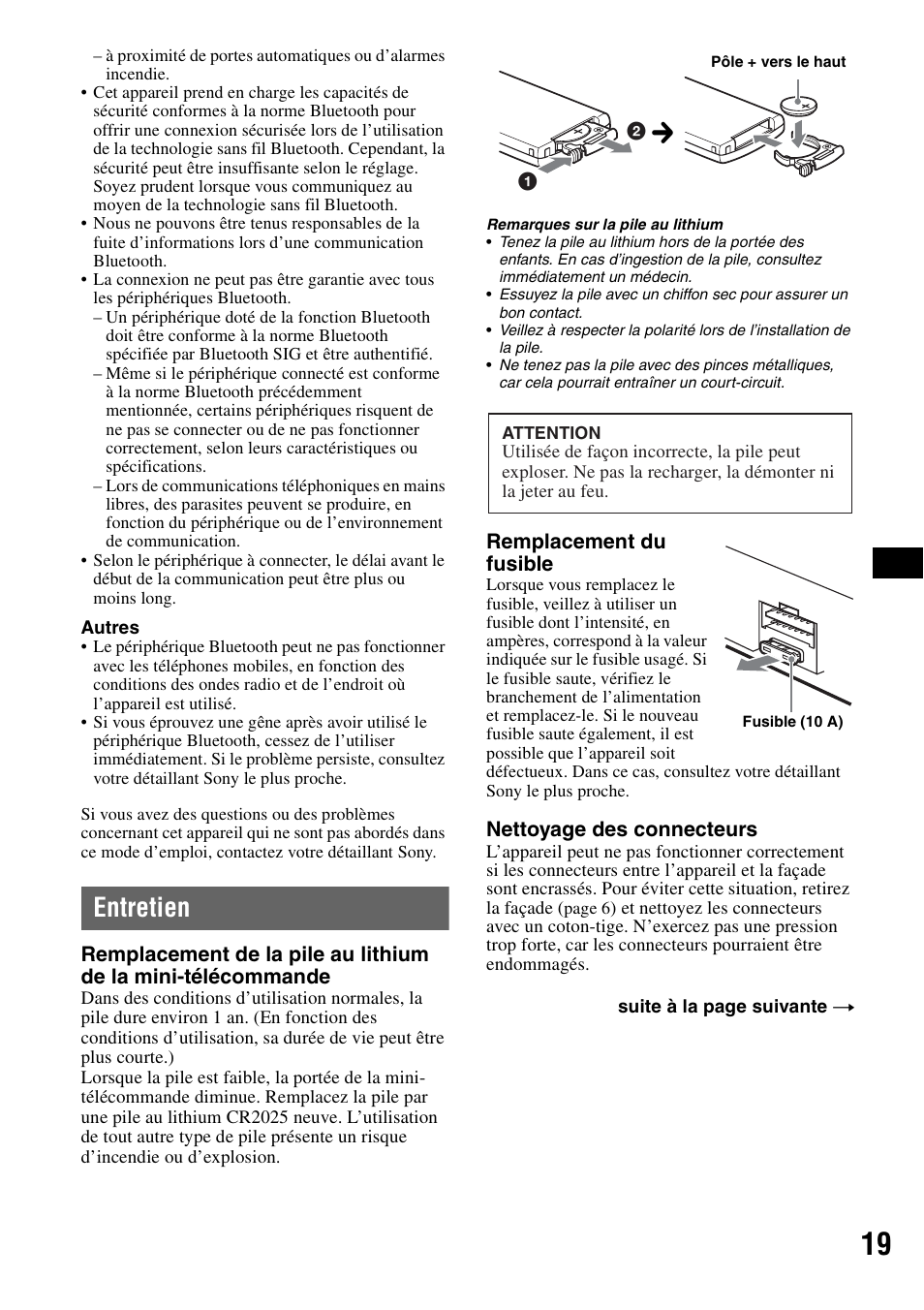 Entretien | Sony MEX-BT2500 User Manual | Page 41 / 68