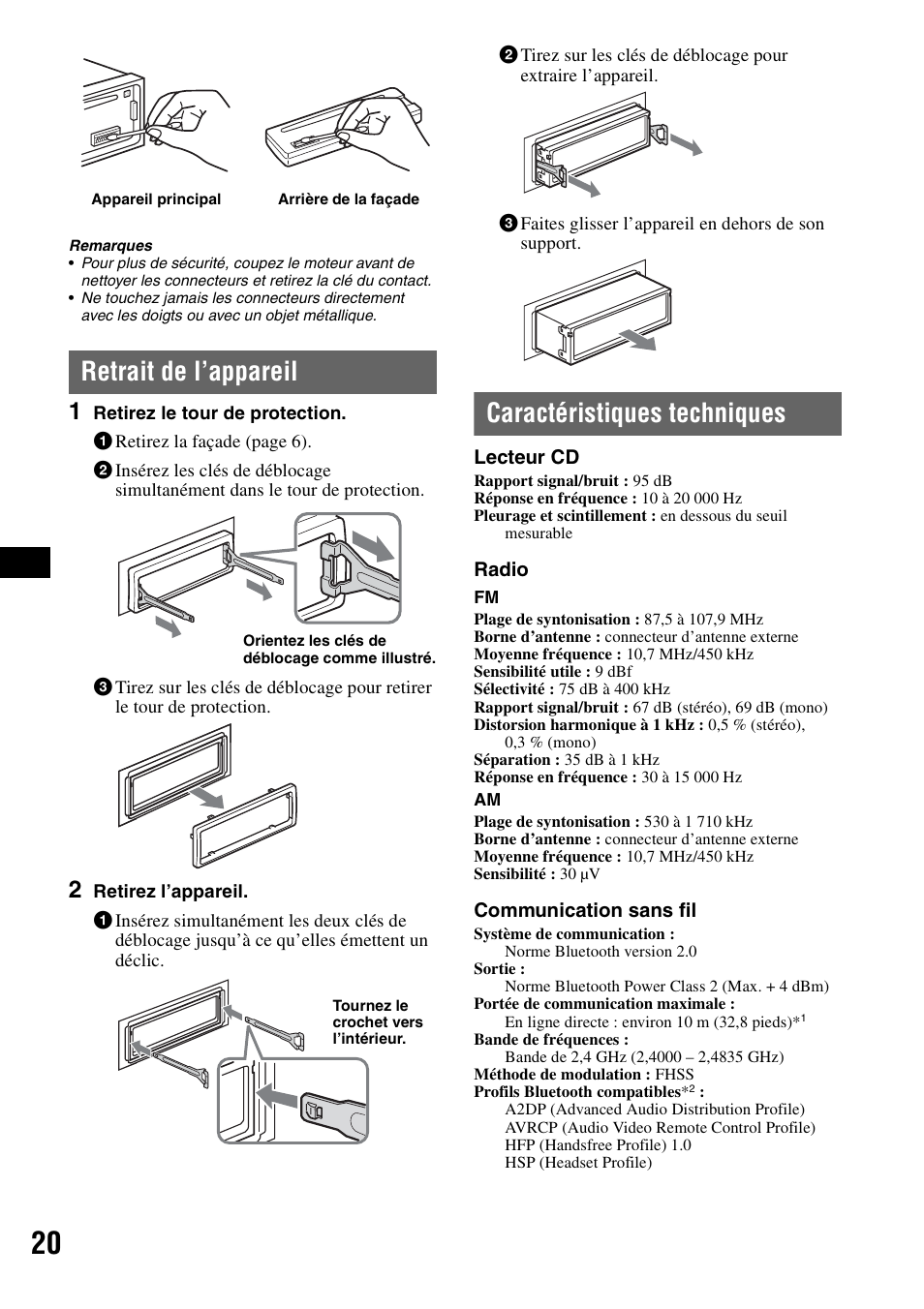 Retrait de l’appareil, Caractéristiques techniques, Retrait de l’appareil caractéristiques techniques | Sony MEX-BT2500 User Manual | Page 42 / 68