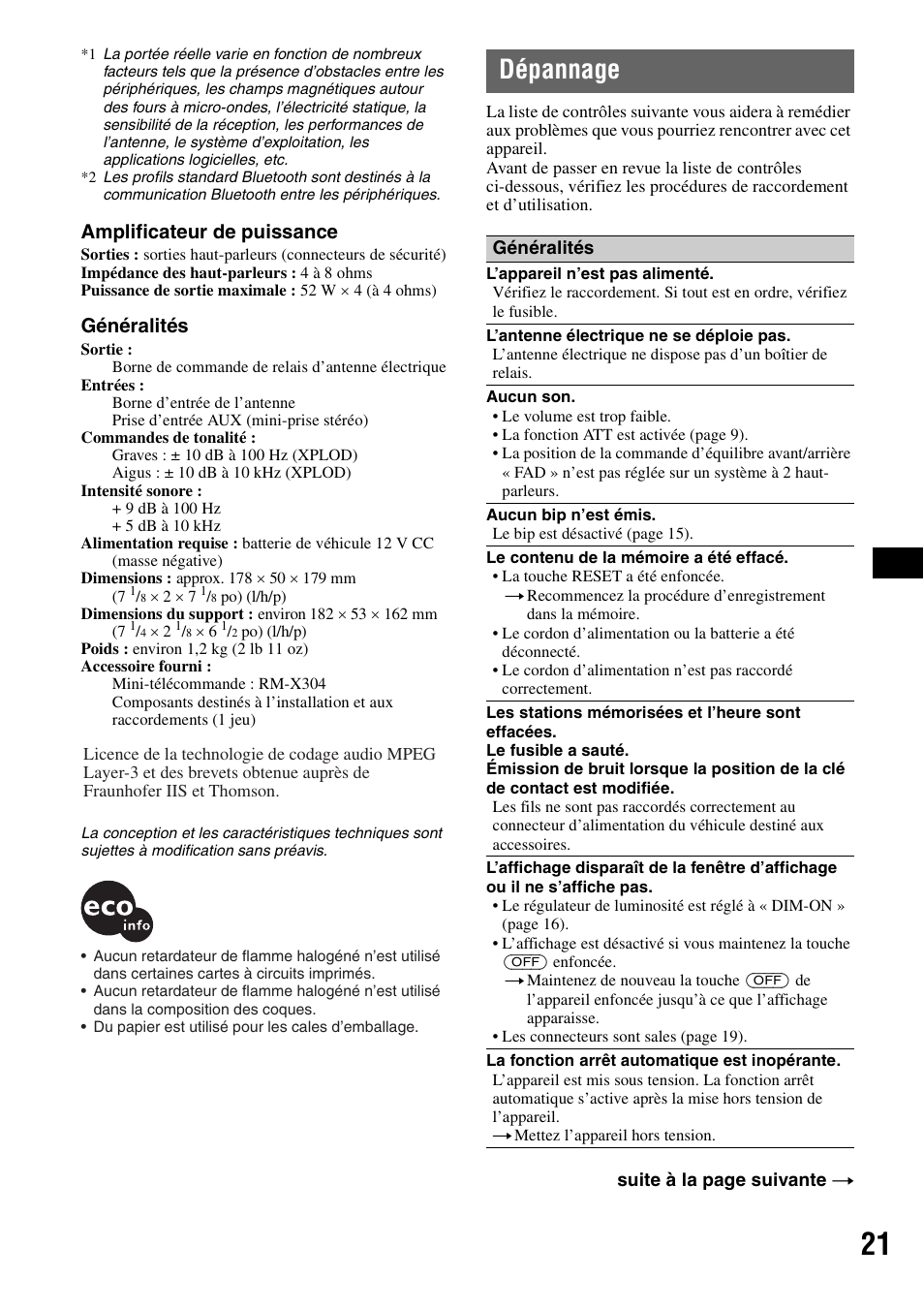 Dépannage, Amplificateur de puissance, Généralités | Sony MEX-BT2500 User Manual | Page 43 / 68