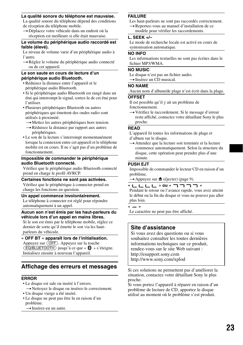 Affichage des erreurs et messages, Site d’assistance | Sony MEX-BT2500 User Manual | Page 45 / 68