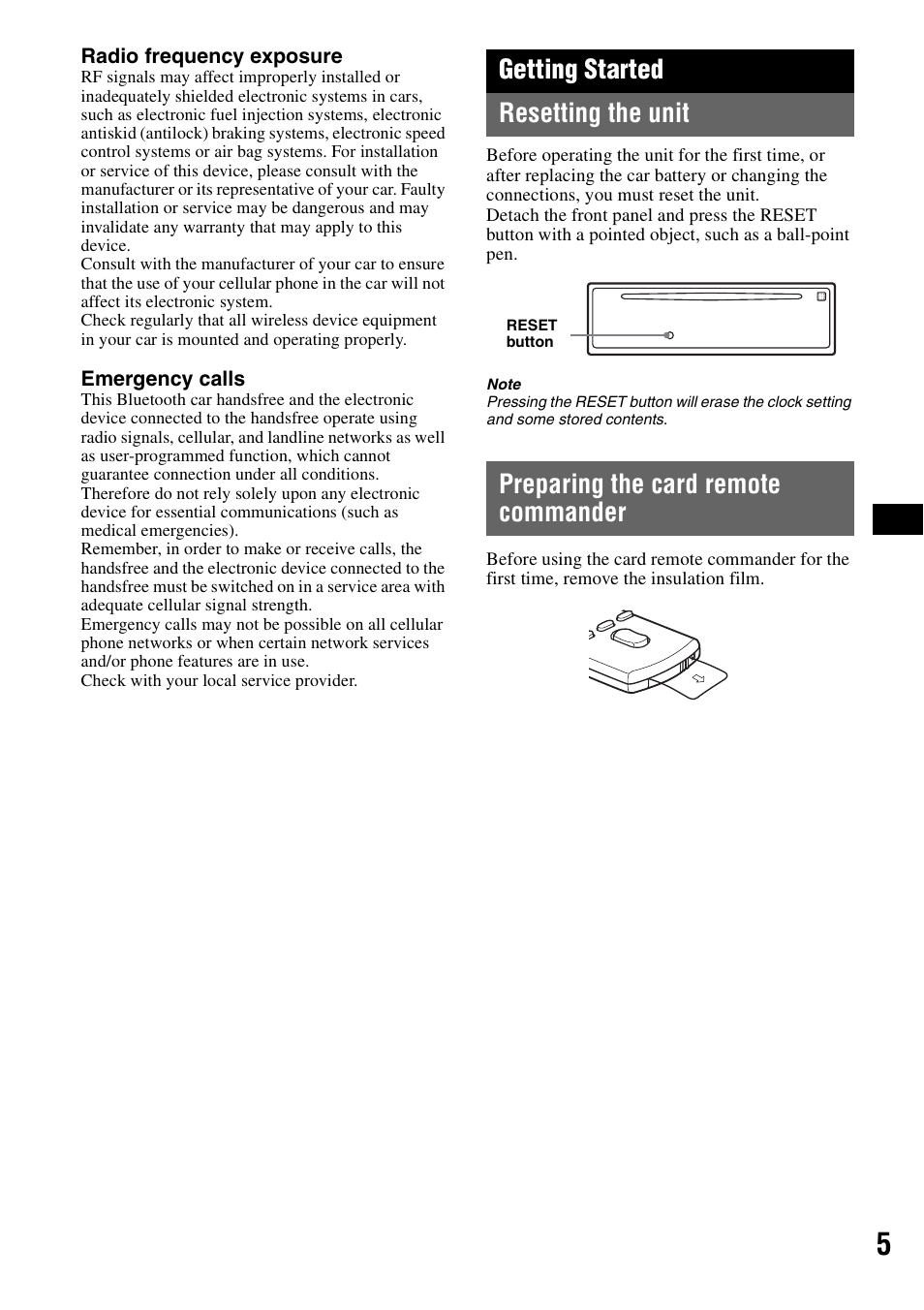 Getting started, Resetting the unit, Preparing the card remote commander | Getting started resetting the unit | Sony MEX-BT2500 User Manual | Page 5 / 68