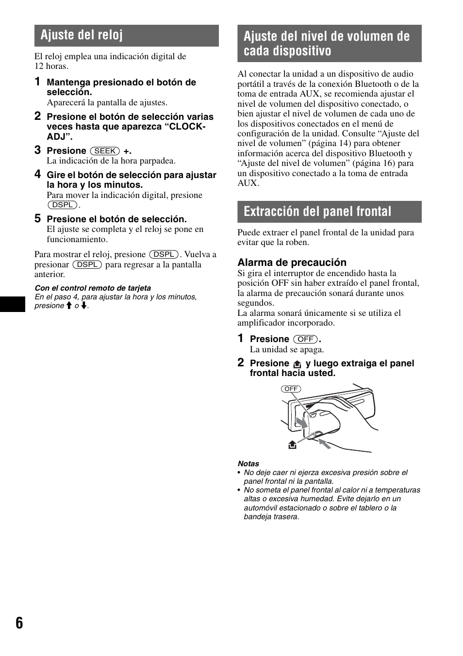 Ajuste del reloj, Ajuste del nivel de volumen de cada dispositivo, Extracción del panel frontal | Sony MEX-BT2500 User Manual | Page 50 / 68