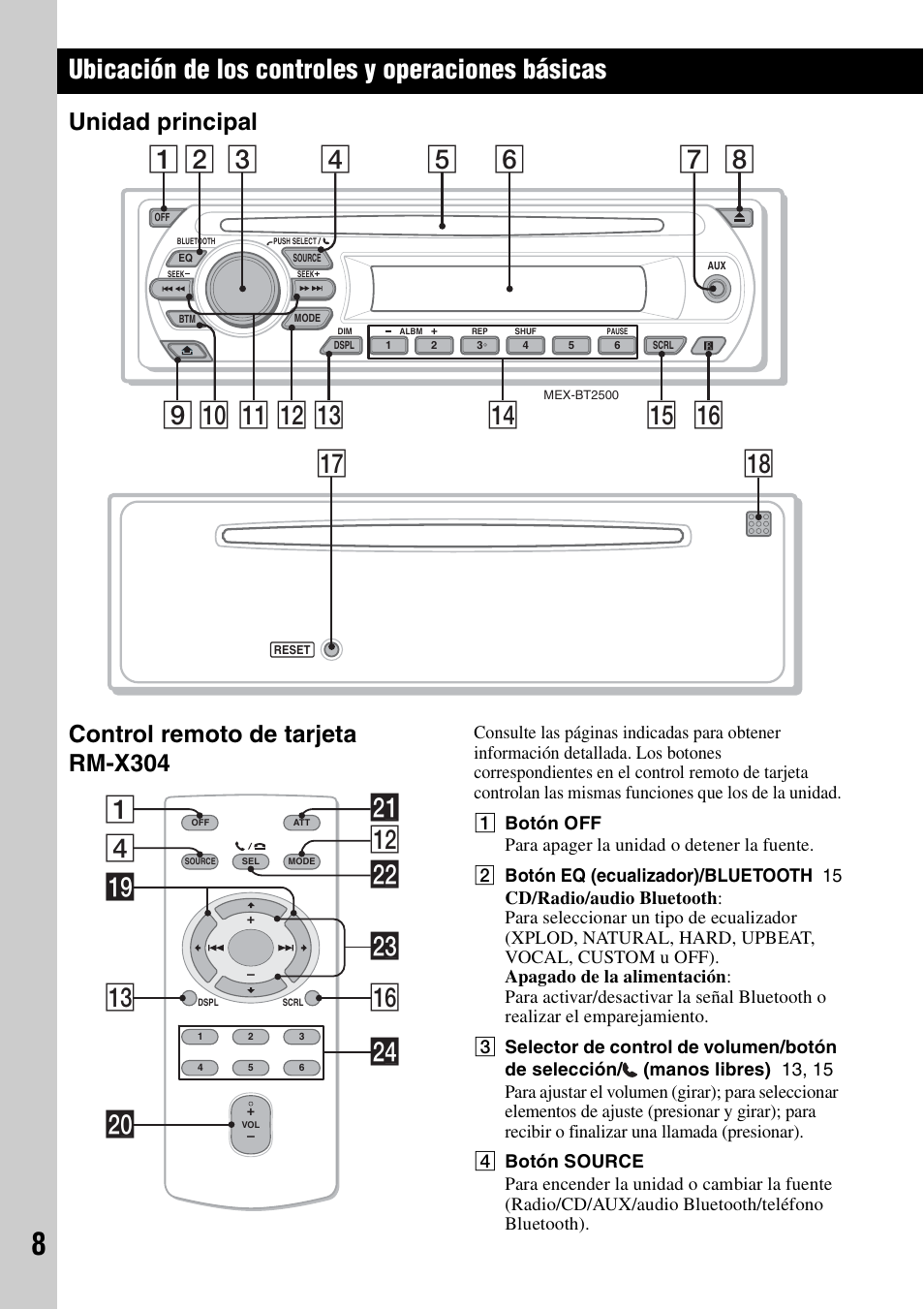 Ubicación de los controles y operaciones básicas, Unidad principal, Control remoto de tarjeta rm-x304 | Unidad principal control remoto de tarjeta rm-x304, 9qd qs qa q, Qk qj, 4ws qs 1 qh ql qd wa w; wf wd | Sony MEX-BT2500 User Manual | Page 52 / 68