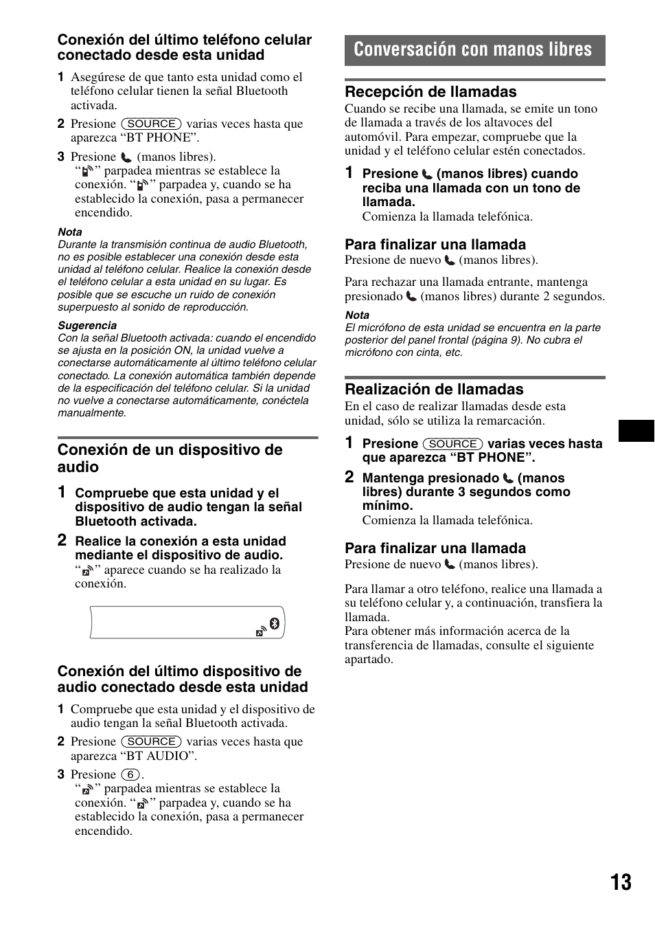 Conexión de un dispositivo de audio, Conversación con manos libres, Recepción de llamadas | Realización de llamadas, Recepción de llamadas realización de llamadas, Ono 13 | Sony MEX-BT2500 User Manual | Page 57 / 68