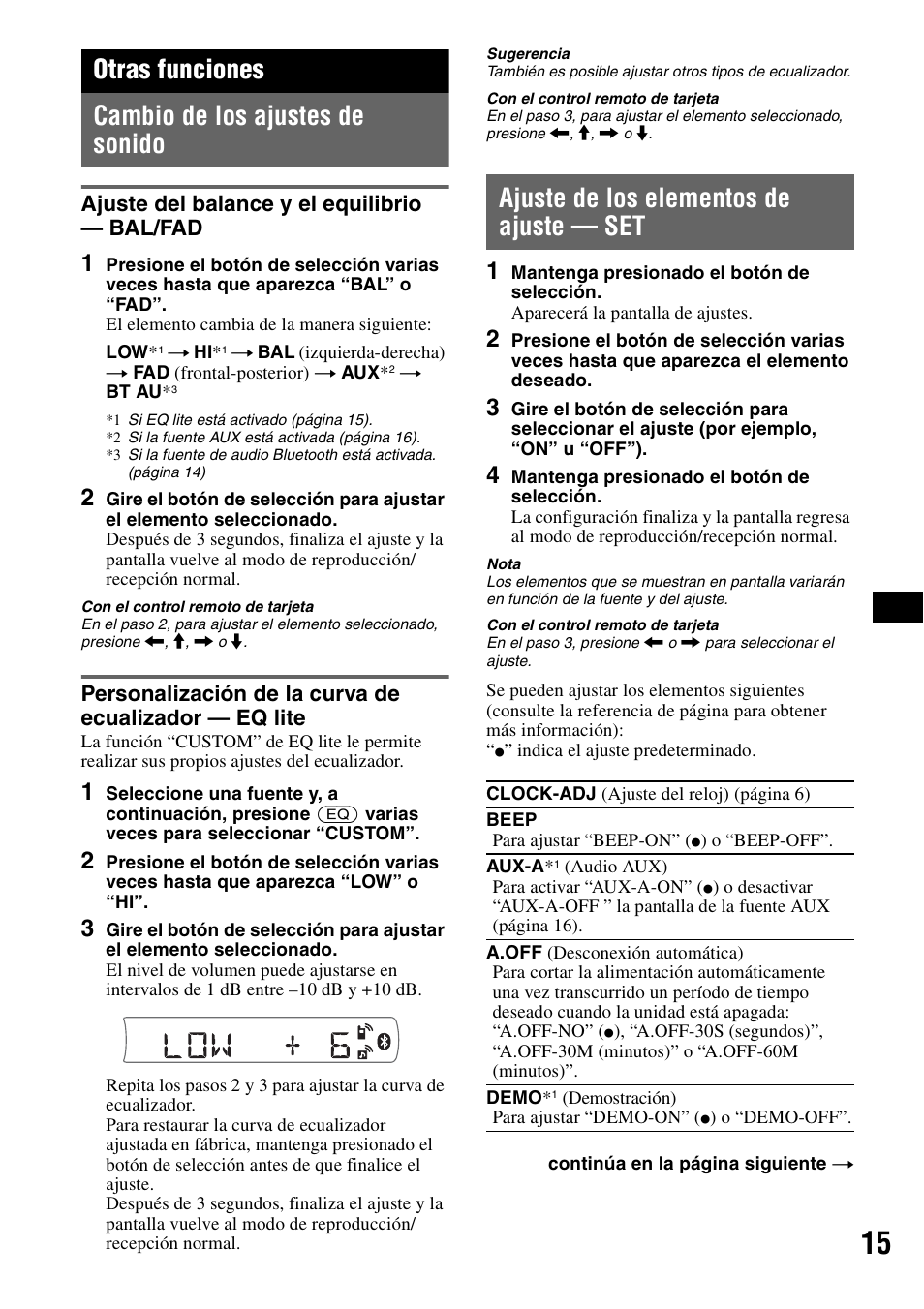 Otras funciones, Cambio de los ajustes de sonido, Ajuste del balance y el equilibrio - bal/fad | Ajuste de los elementos de ajuste - set, Ajuste de los elementos de ajuste — set, Otras funciones cambio de los ajustes de sonido, Ajuste del balance y el equilibrio — bal/fad | Sony MEX-BT2500 User Manual | Page 59 / 68