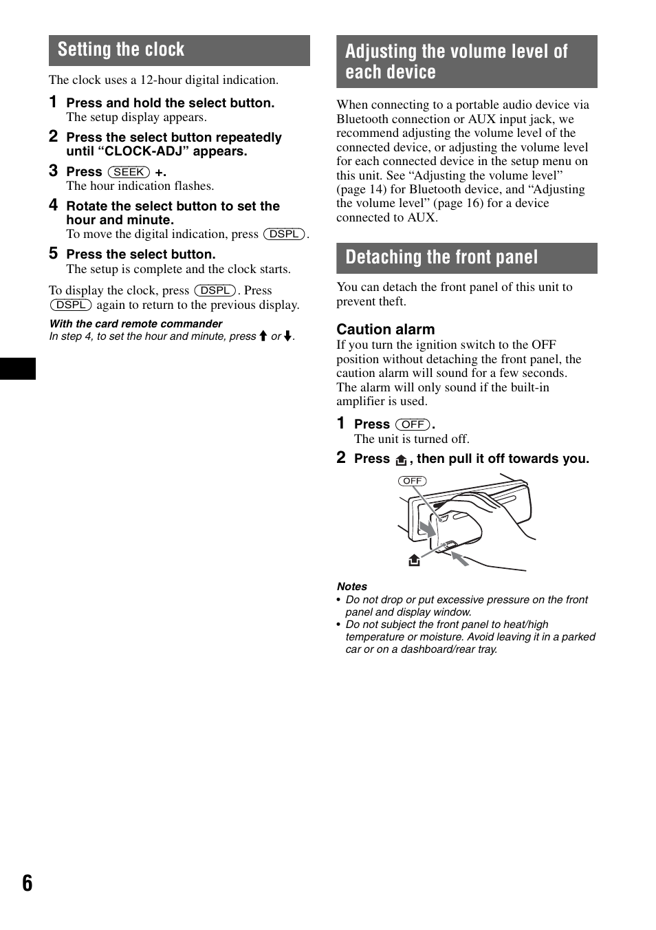 Setting the clock, Adjusting the volume level of each device, Detaching the front panel | Sony MEX-BT2500 User Manual | Page 6 / 68