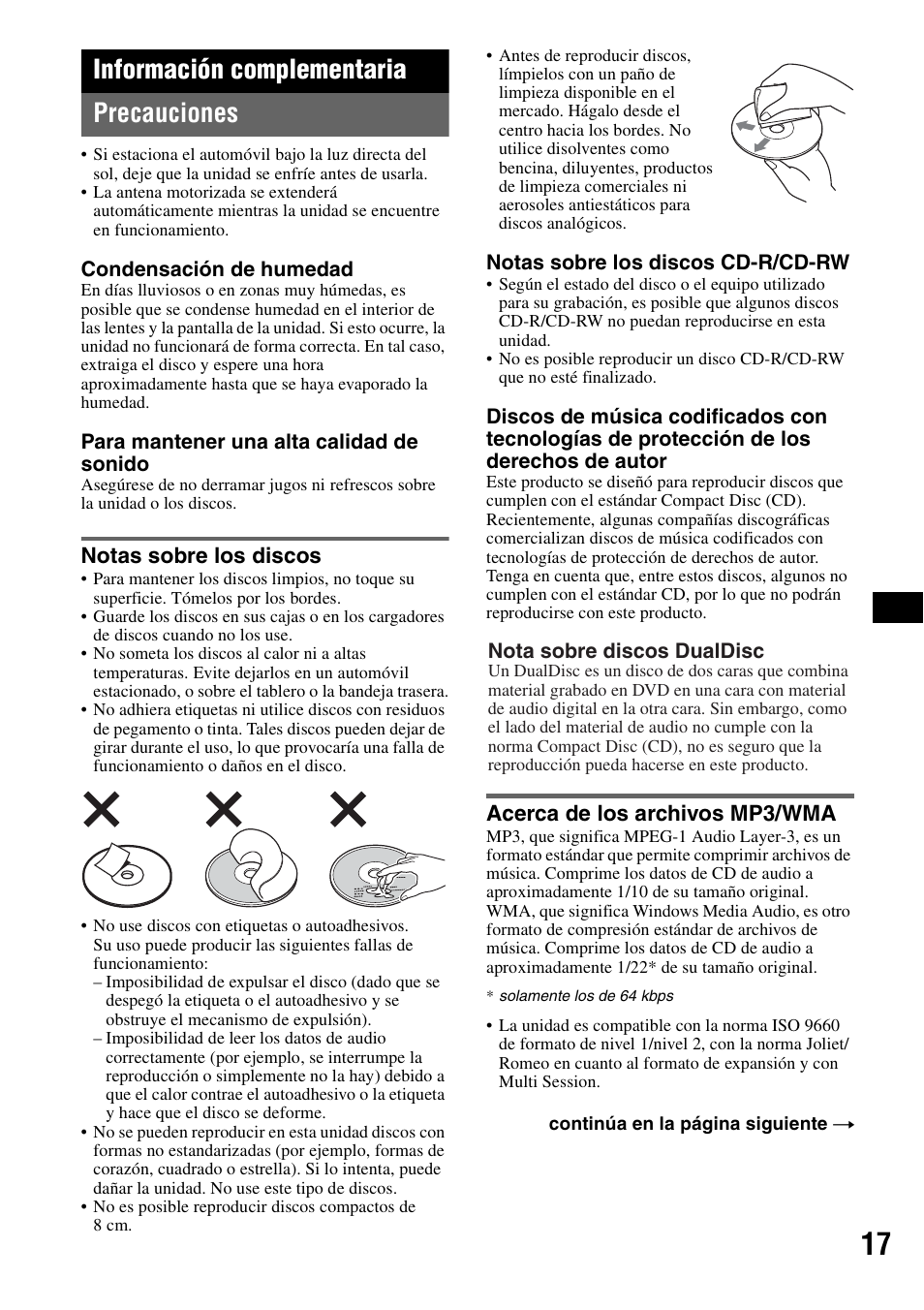 Información complementaria, Precauciones, Notas sobre los discos | Acerca de los archivos mp3/wma, Información complementaria precauciones | Sony MEX-BT2500 User Manual | Page 61 / 68