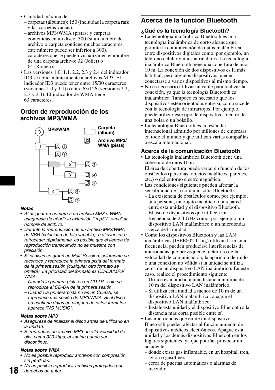 Acerca de la función bluetooth, Orden de reproducción de los archivos mp3/wma | Sony MEX-BT2500 User Manual | Page 62 / 68