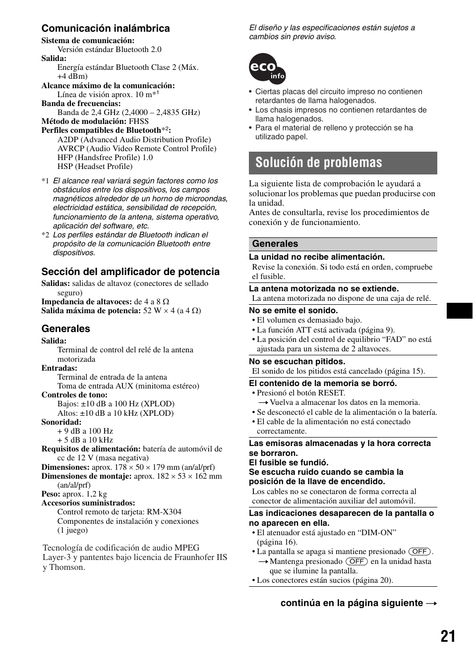 Solución de problemas, Comunicación inalámbrica, Sección del amplificador de potencia | Generales | Sony MEX-BT2500 User Manual | Page 65 / 68