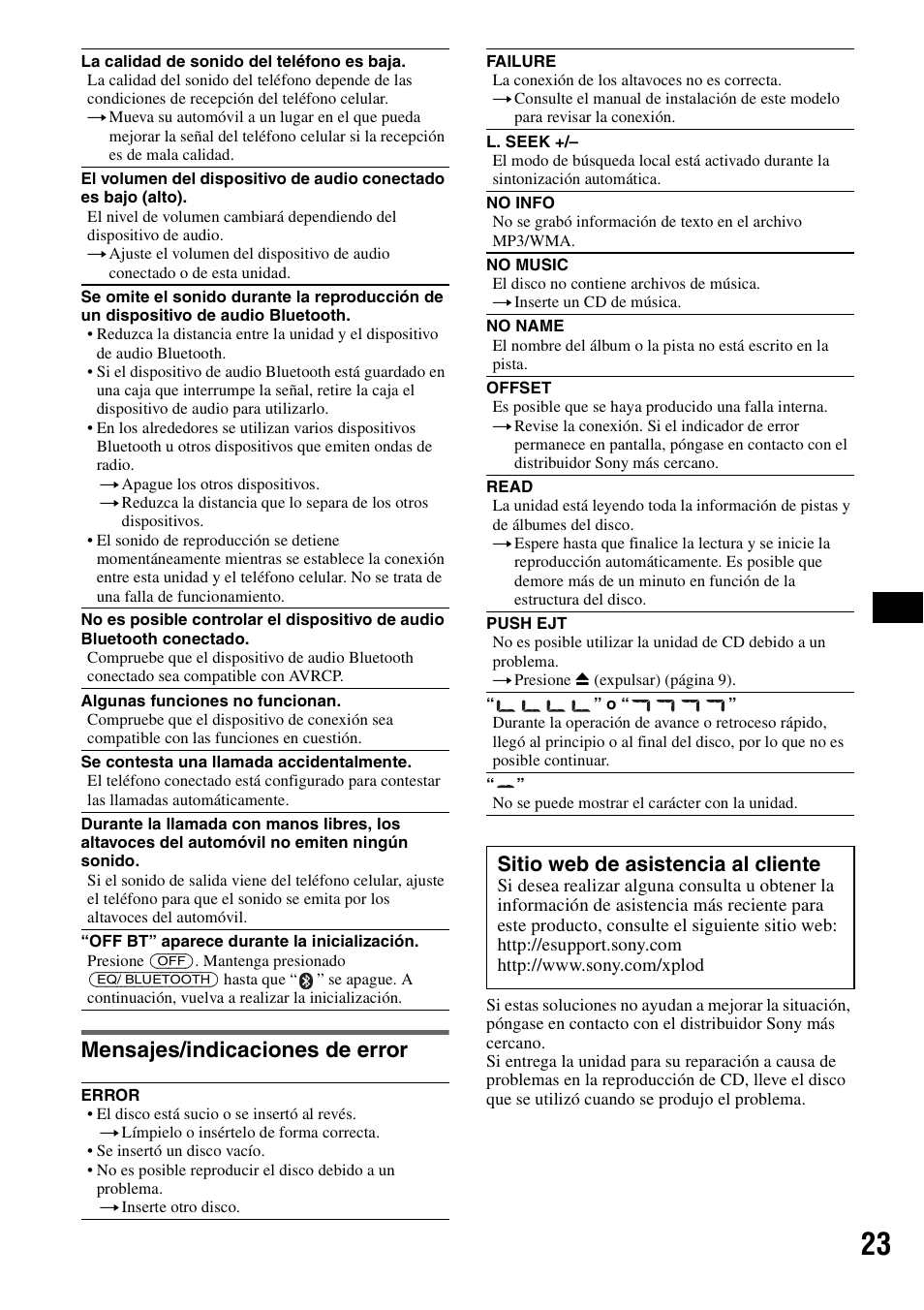 Mensajes/indicaciones de error, Sitio web de asistencia al cliente | Sony MEX-BT2500 User Manual | Page 67 / 68