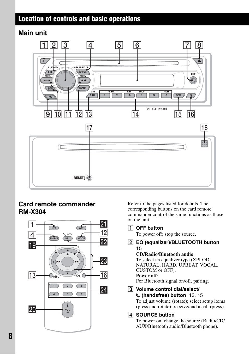 Location of controls and basic operations, Main unit, Card remote commander rm-x304 | Main unit card remote commander rm-x304, 9qd qs qa q, Qk qj, 4ws qs 1 qh ql qd wa w; wf wd | Sony MEX-BT2500 User Manual | Page 8 / 68