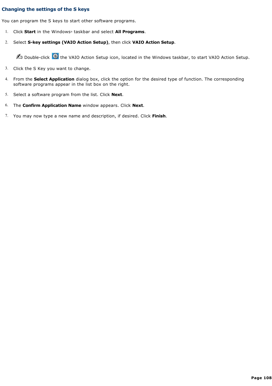 Changing the settings of the s keys | Sony PCV-V310P User Manual | Page 108 / 209