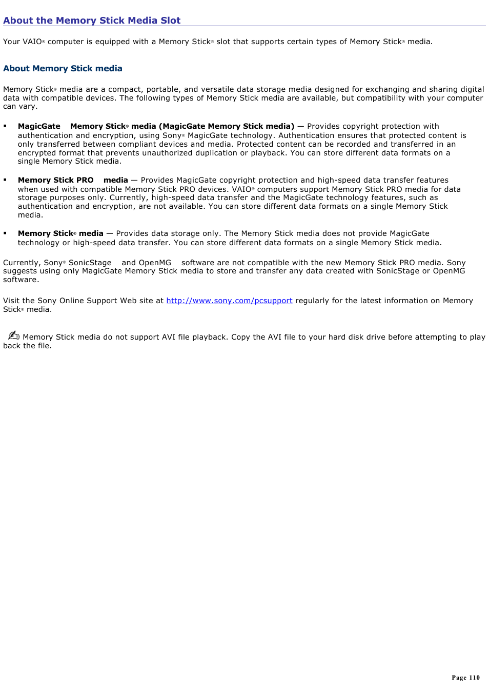 About memory stick media | Sony PCV-V310P User Manual | Page 110 / 209