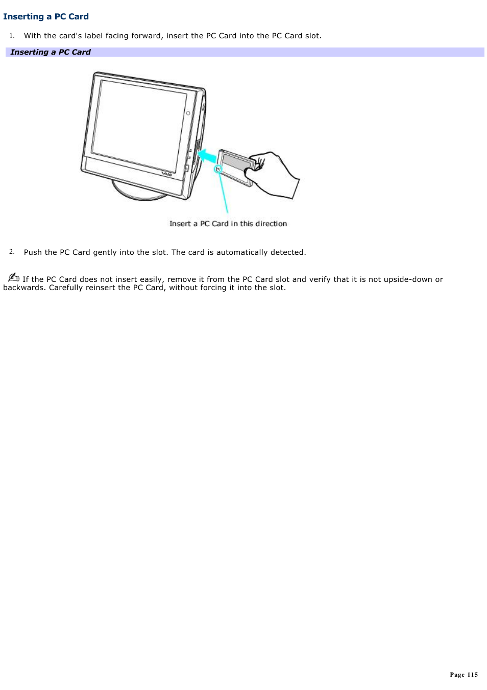 Inserting a pc card | Sony PCV-V310P User Manual | Page 115 / 209